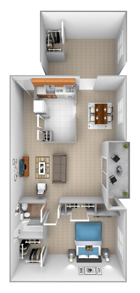 Floor plan for 1 bed, 1 bath, 698 sqft